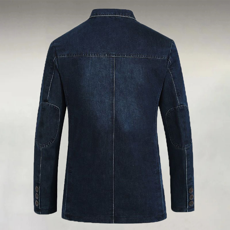 Men's Casual Denim Notch Lapel Patch Pockets Three Button Long Sleeve Blazer