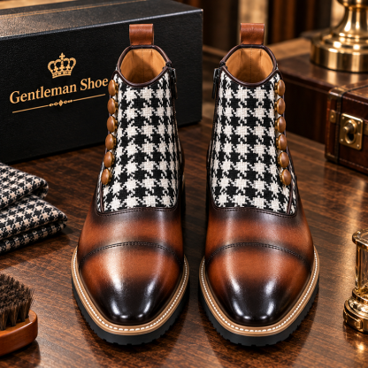 Men's Houndstooth Button Chelsea Boots, Vintage British Style Genuine Leather Patchwork Boots
