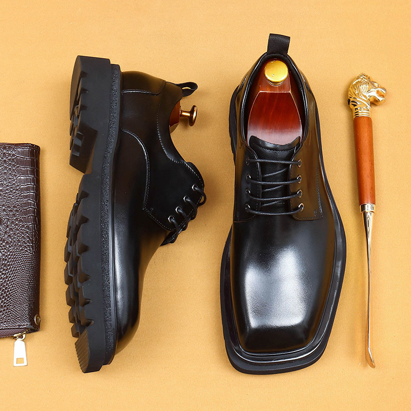 Men's Genuine Leather Square Toe Thick Sole Derby Shoes