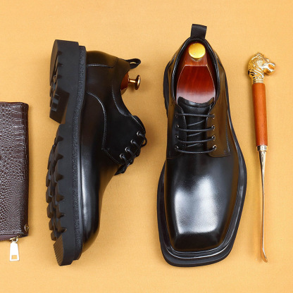Men's Genuine Leather Square Toe Thick Sole Derby Shoes