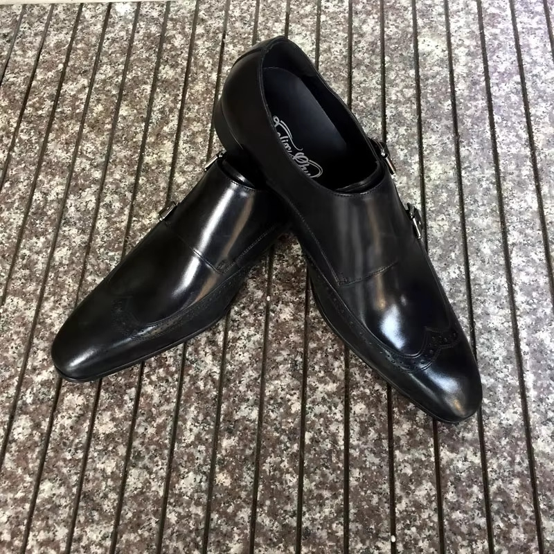 Men‘s Genuine Leather Pointed Toe Double Buckle Monk Strap Shoes