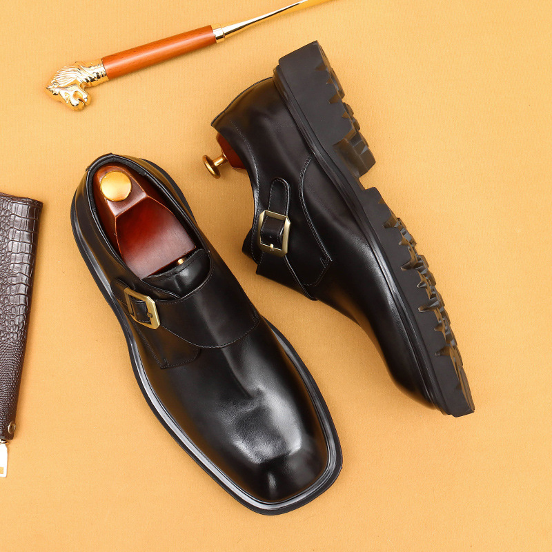 Men's Genuine Leather Square-Toe Wide-Fit Monk Shoes