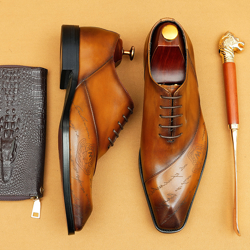 Men's Full-Grain Leather Letter Print Oxford Shoes