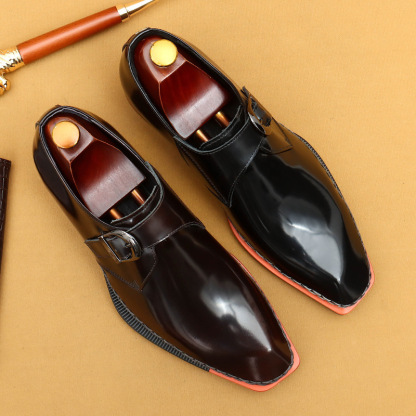 Men's Genuine Leather Glossy Buckle Monk Strap Shoes