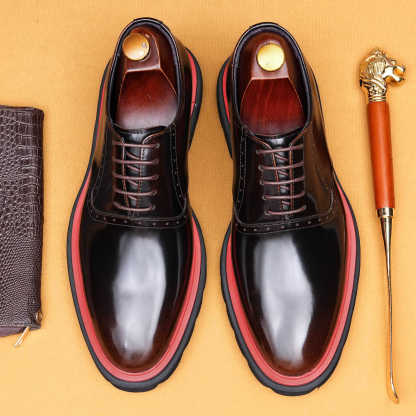 Men's Genuine Leather Glossy Thick-Sole Casual Brogue Derby Shoes