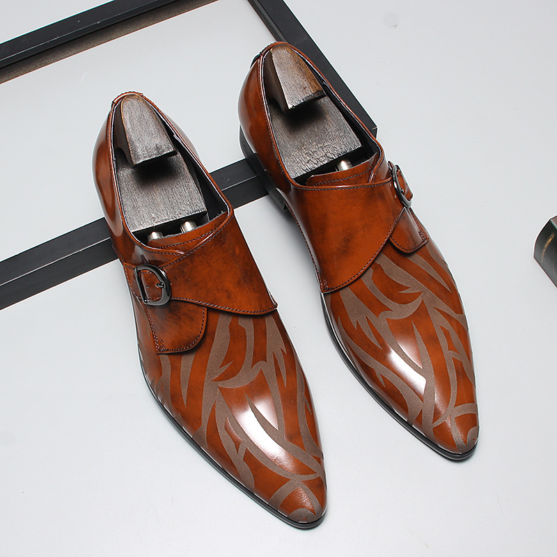 Men's Full-Grain Leather Pattern-Printed Monk Shoes