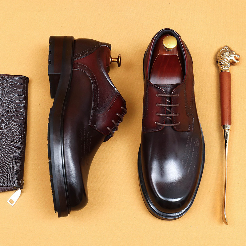 Men's Full-Grain Leather Thick-Soled Non-Slip Letter-Printed Leather Shoes