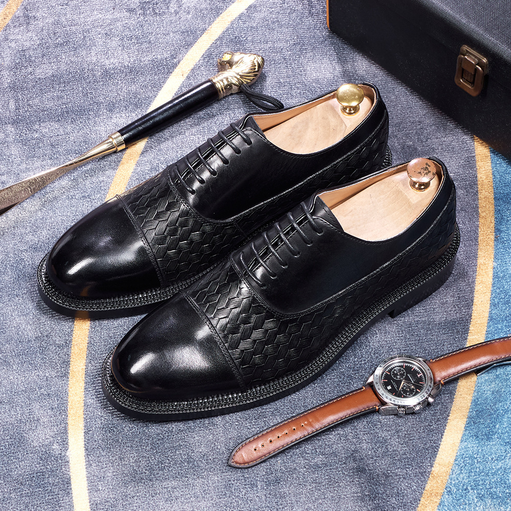 Men's Genuine Leather Woven Texture Patent Leather Cap-Toe Business Fo