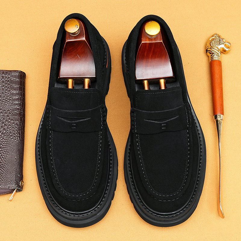 Men's Full-Grain Leather Suede Non-Slip Platform Casual Loafer Shoes