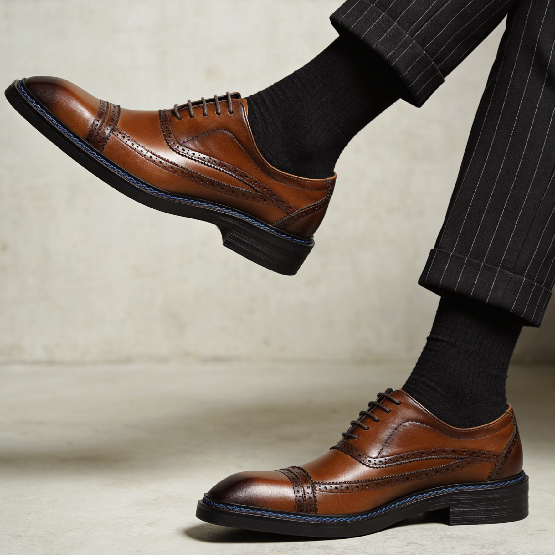 2026 British Style Cap-Toe Brogue Leather Dress Shoes with Blue Stitching