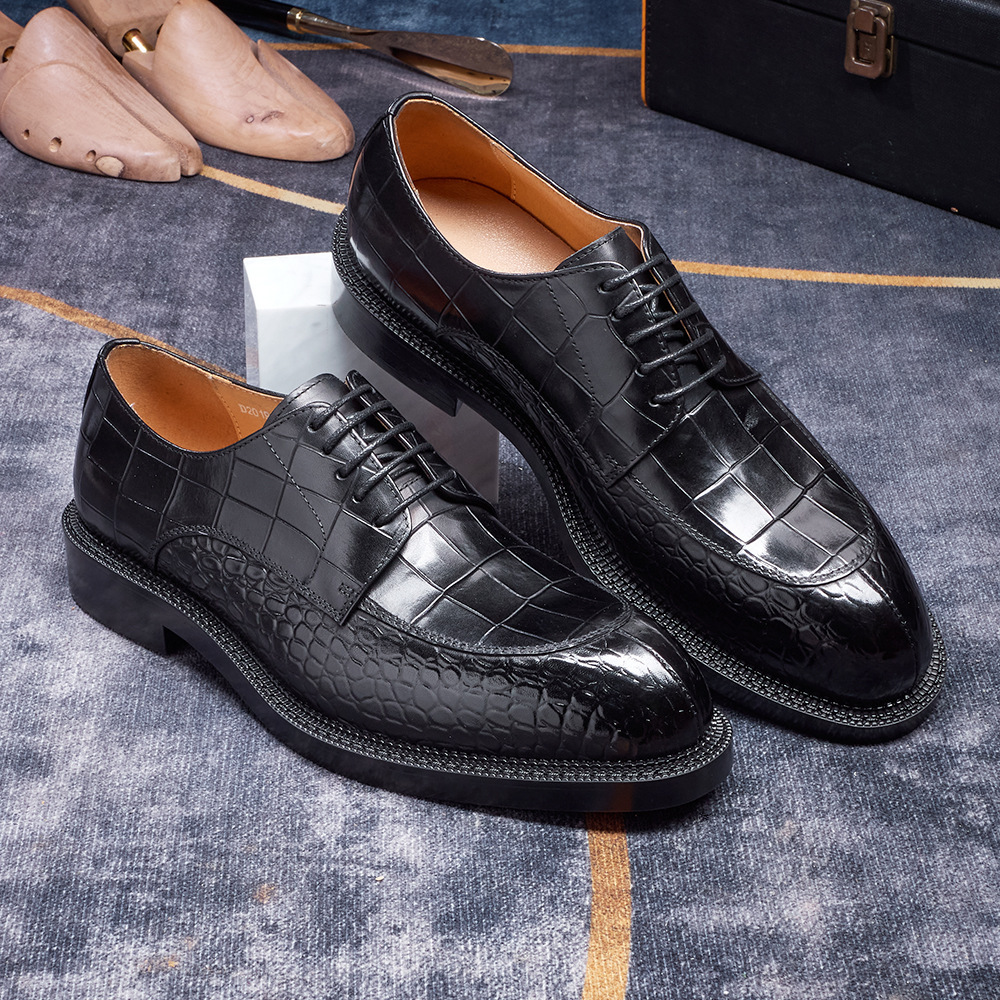 Men's British-Style Genuine Cowhide Crocodile-Embossed Derby Shoes