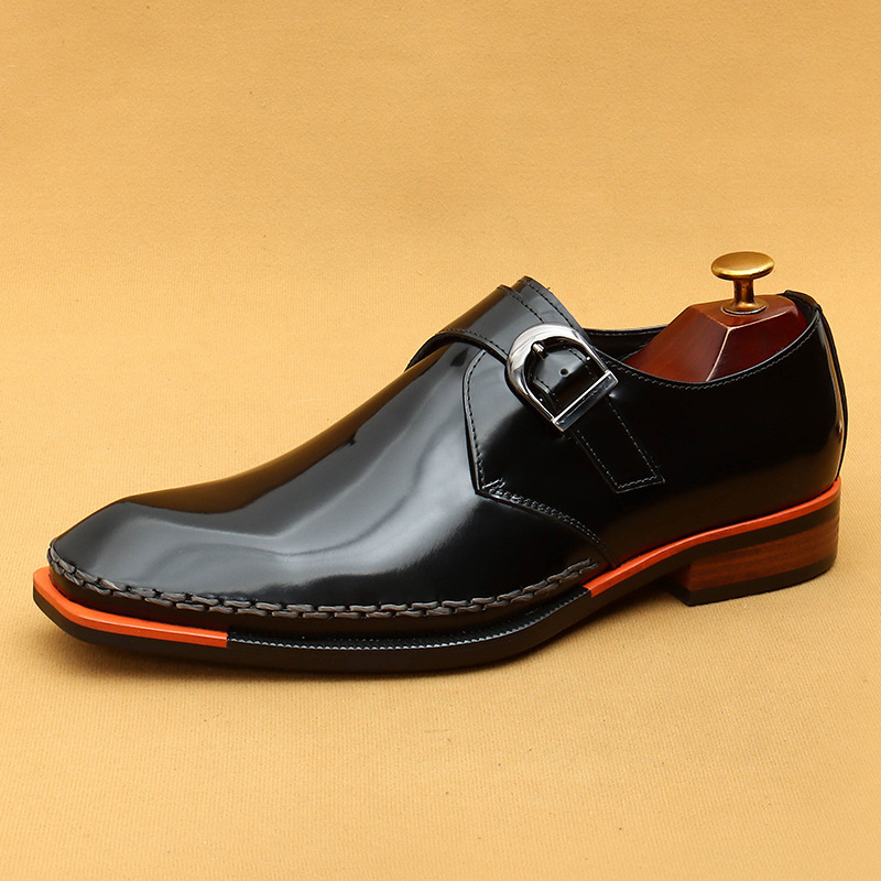 Men's Genuine Leather Glossy Buckle Monk Strap Shoes