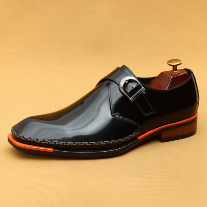 Men's Genuine Leather Glossy Buckle Monk Strap Shoes