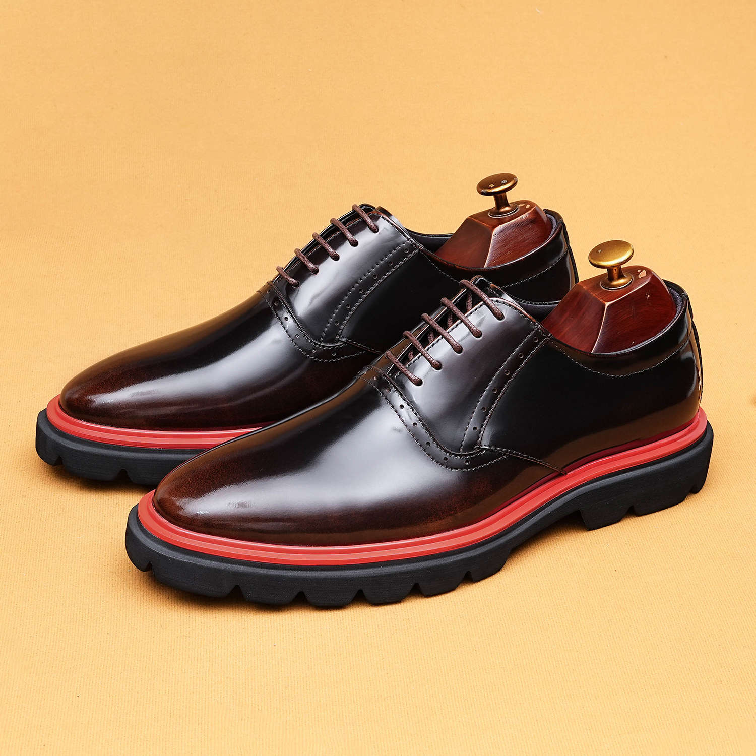 Men's Genuine Leather Glossy Thick-Sole Casual Brogue Derby Shoes