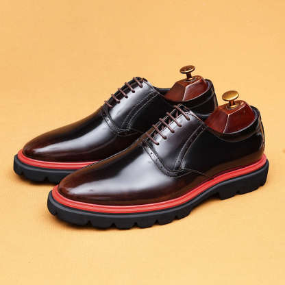 Men's Genuine Leather Glossy Thick-Sole Casual Brogue Derby Shoes