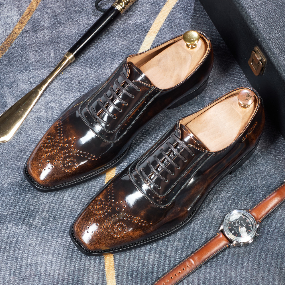 [Copy]Men's glossy embossed genuine leather lace-up Oxford shoes