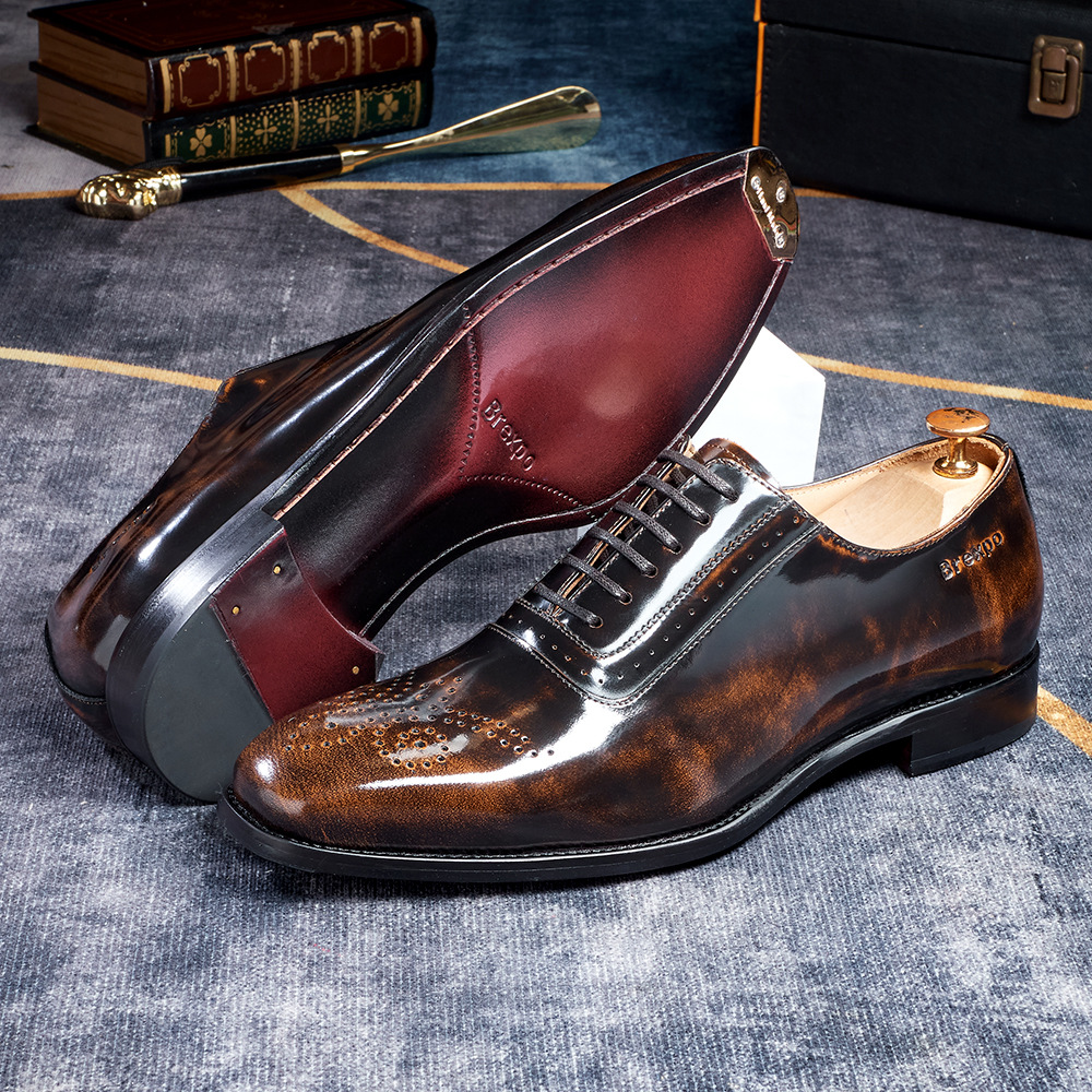 [Copy]Men's glossy embossed genuine leather lace-up Oxford shoes