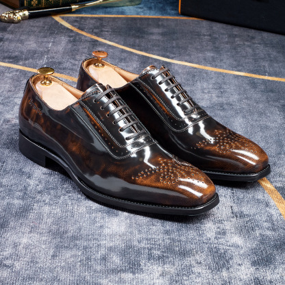 [Copy]Men's glossy embossed genuine leather lace-up Oxford shoes