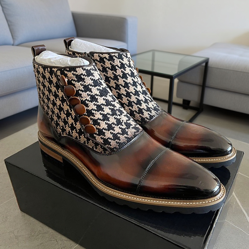 Men's Houndstooth Button Chelsea Boots, Vintage British Style Genuine Leather Patchwork Boots