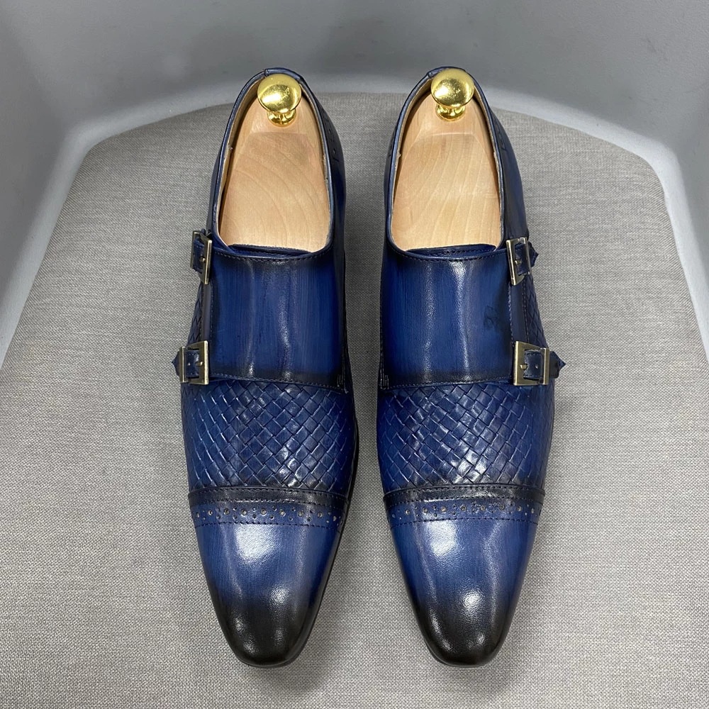 Luxury men's business casual shoes blue genuine leather double buckle monk shoes first layer cowhide pointed toe men's monk shoes