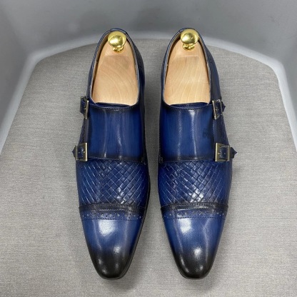 Luxury men's business casual shoes blue genuine leather double buckle monk shoes first layer cowhide pointed toe men's monk shoes