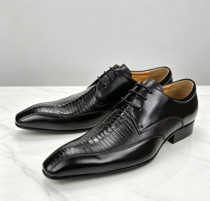 Men’s Burgundy Mixed‑Leather Derby Shoes | Croc‑Embossed Panel Lace‑Up Luxury Formal Dress Shoes