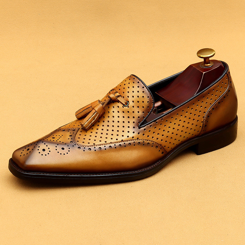 Men's tassel loafers perforated breathable genuine leather shoes