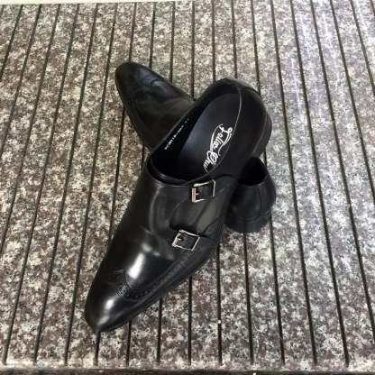 Men‘s Genuine Leather Pointed Toe Double Buckle Monk Strap Shoes