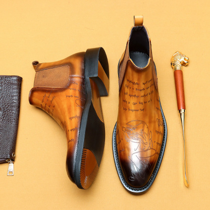 Men's Genuine Leather Brogue-detailed Fleece-lined Chelsea Boots