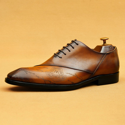 Men's Full-Grain Leather Letter Print Oxford Shoes