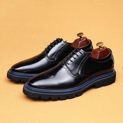 Men's Genuine Leather Glossy Thick-Sole Casual Brogue Derby Shoes