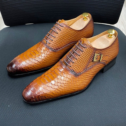 Men's Full-Grain Leather Snake-Embossed Pointed-Toe Formal Shoes