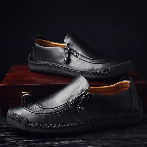 Men Comfy Hand Stitching Leather Side Zipper Slip On Casual shoes