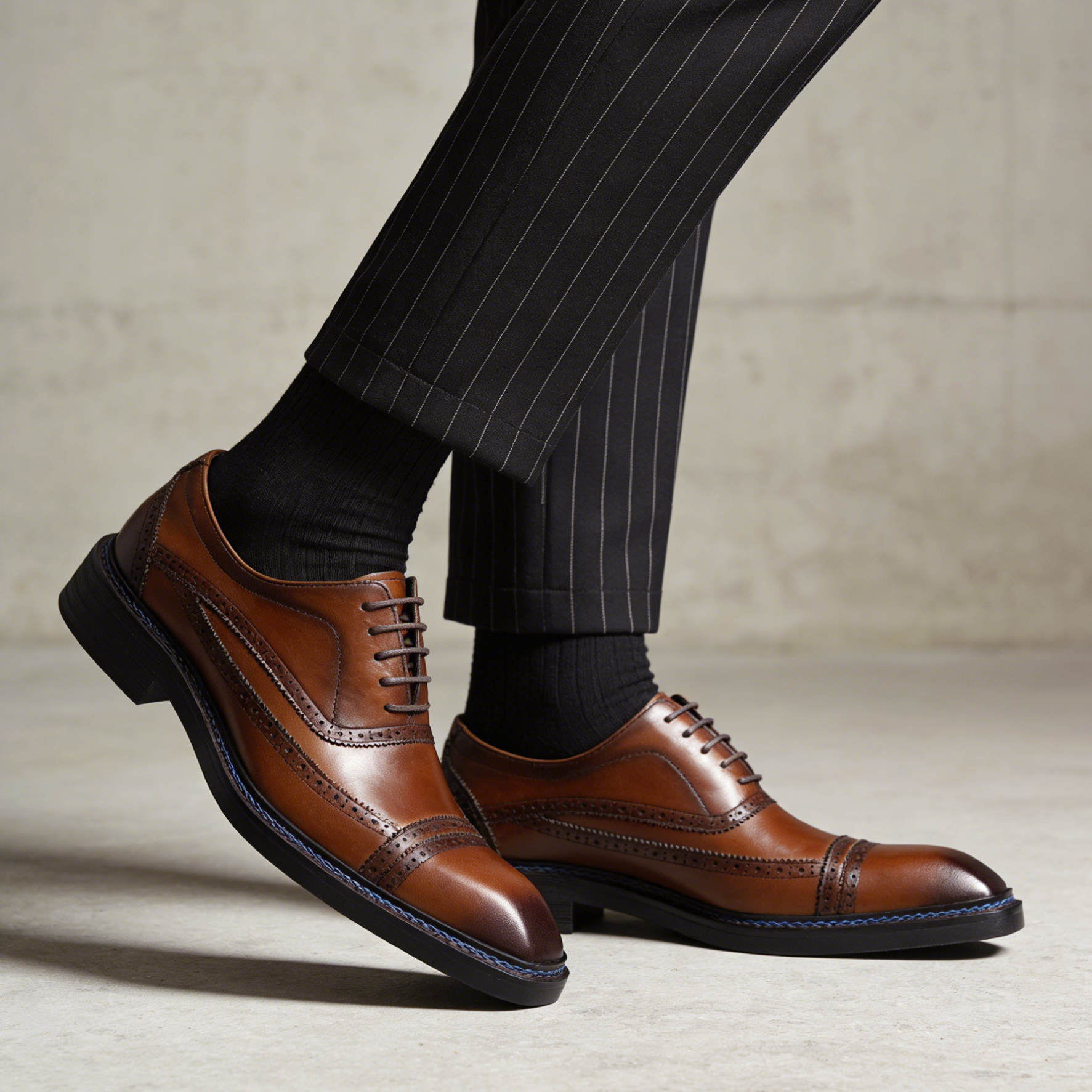 2026 British Style Cap-Toe Brogue Leather Dress Shoes with Blue Stitching