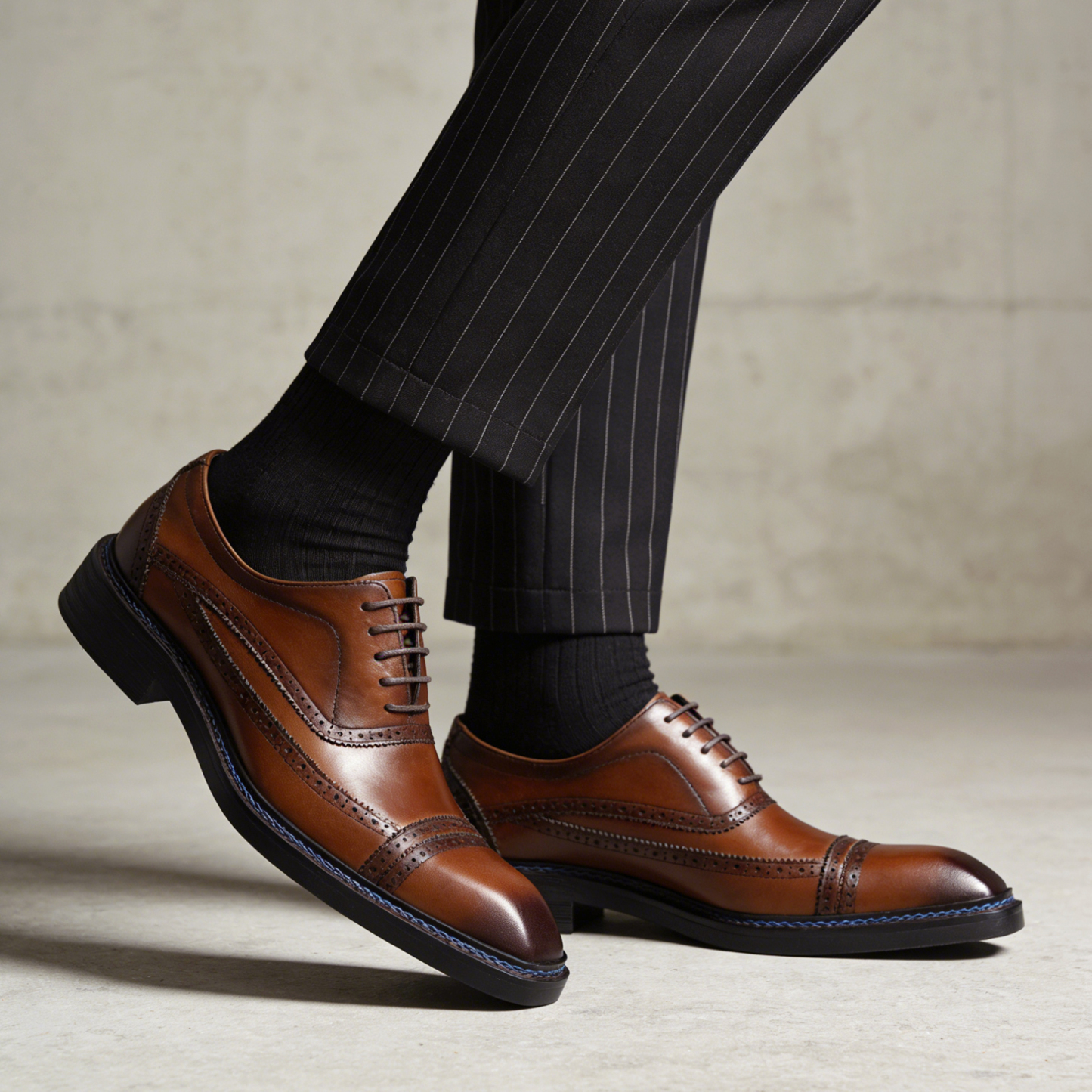 2026 British Style Cap-Toe Brogue Leather Dress Shoes with Blue Stitching