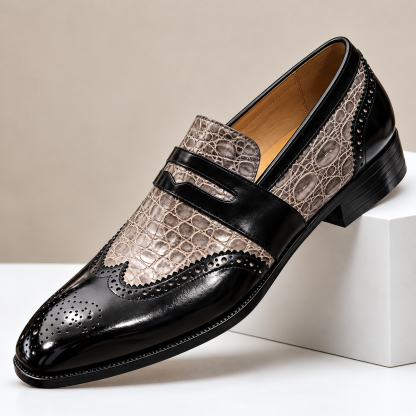 Men’s Crocodile Embossed Wingtip Loafers – Classic Two-Tone Dress Shoes