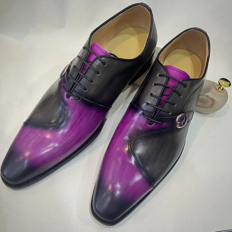 Men's handmade gradient burnt purple-grey color-blocked Oxford shoes