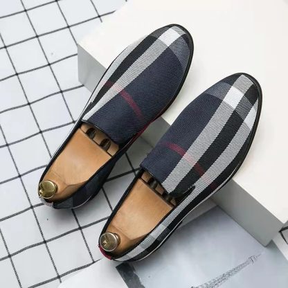 Men's Fashion Army Blue Plaid Loafers