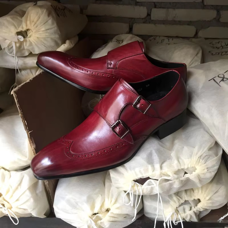 Men‘s Genuine Leather Pointed Toe Double Buckle Monk Strap Shoes
