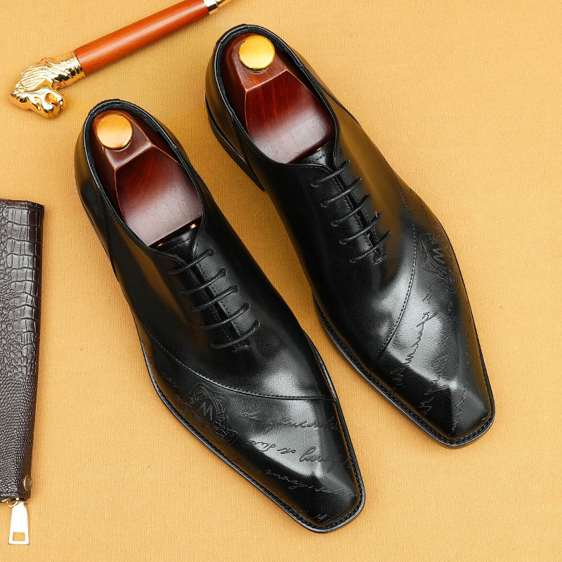 Men's Full-Grain Leather Letter Print Oxford Shoes