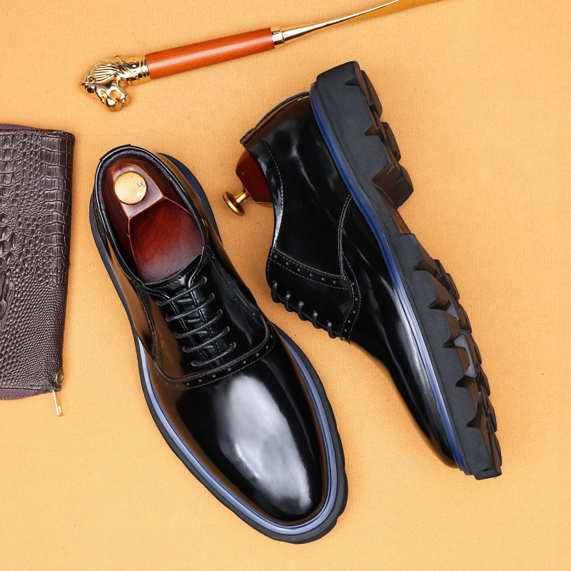 Men's Genuine Leather Glossy Thick-Sole Casual Brogue Derby Shoes