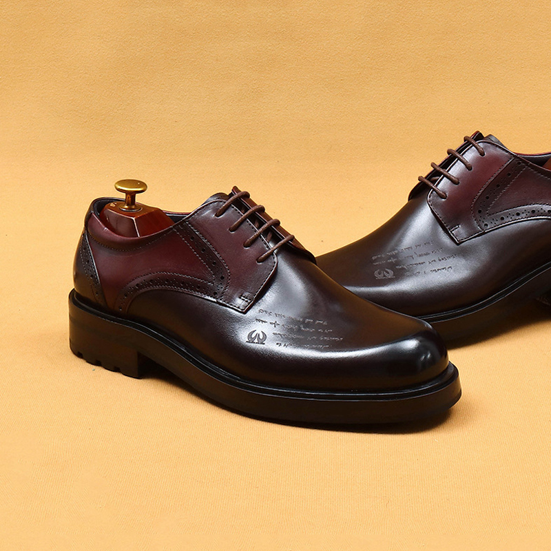 Men's Full-Grain Leather Thick-Soled Non-Slip Letter-Printed Leather Shoes