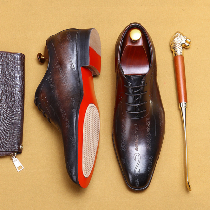 Men's Full-Grain Leather Formal Pointed-Toe Letter-Printed Oxford Shoes