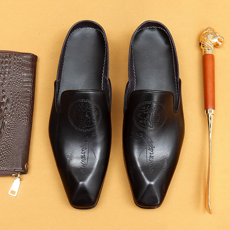 Men's Genuine Leather British-Style Letter-Printed Mules