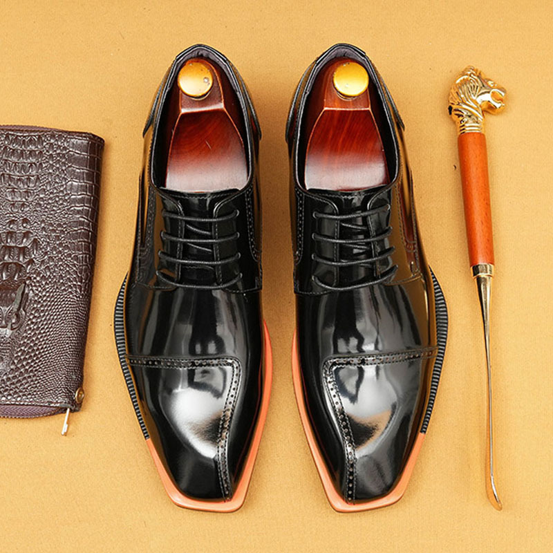 Men's Genuine Patent Leather British-Style Square-Toe Business Formal Derby Shoes