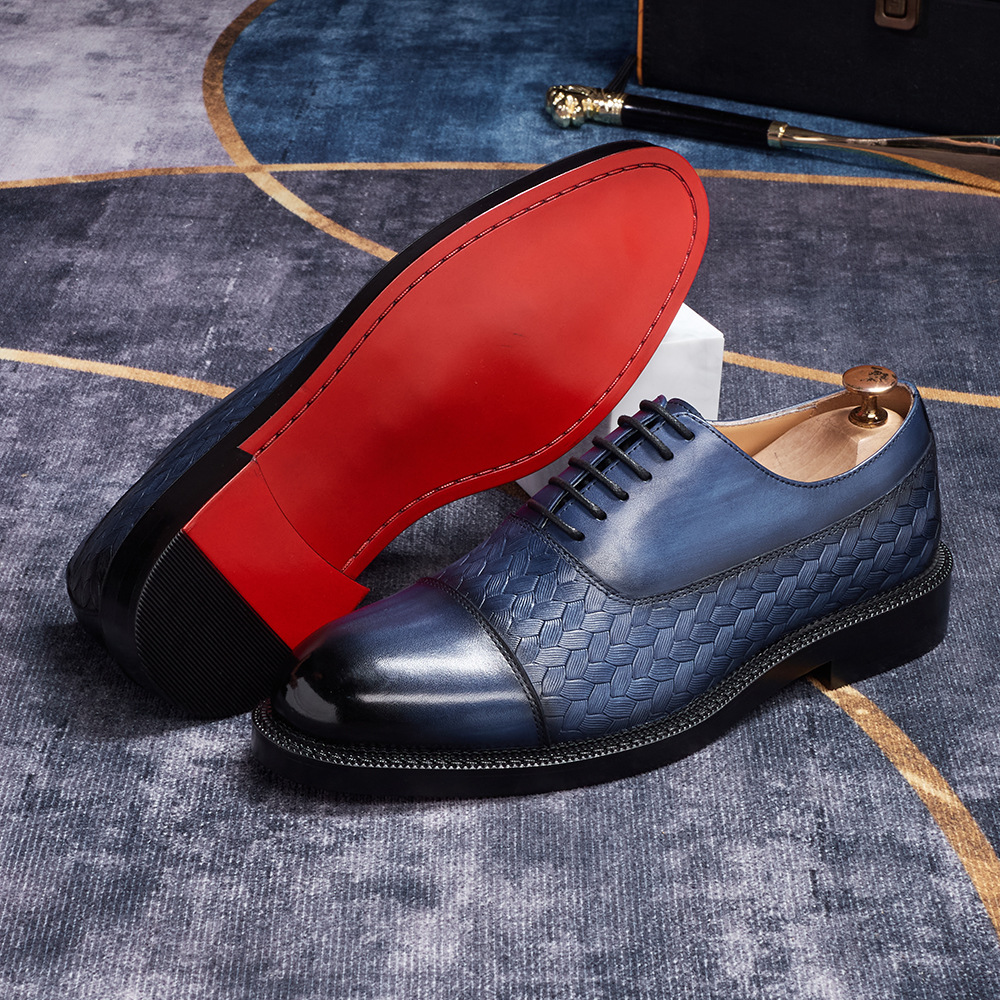 Men's Genuine Leather Woven Texture Patent Leather Cap-Toe Business Formal Oxford Shoes