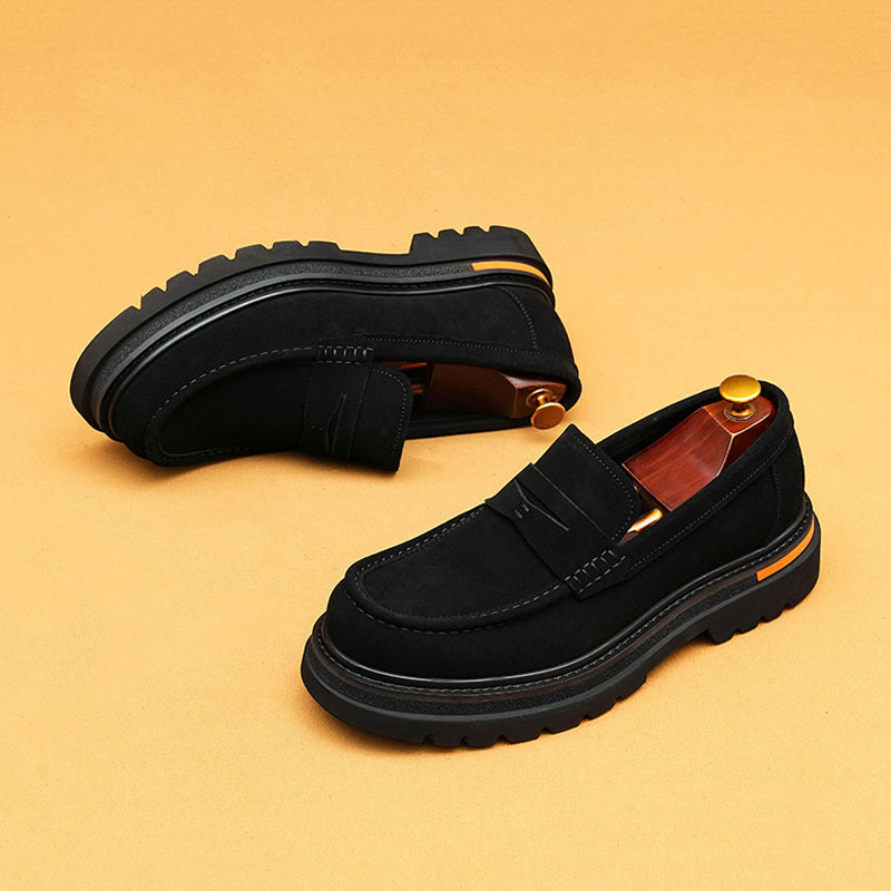 Men's Full-Grain Leather Suede Non-Slip Platform Casual Loafer Shoes