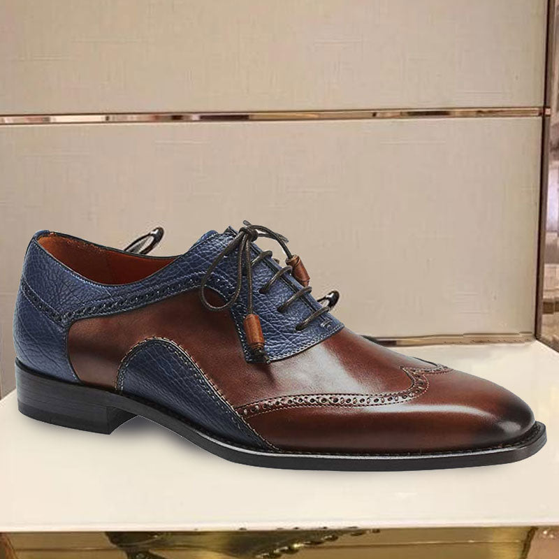 Men's brown and blue leather stitching casual leather shoes