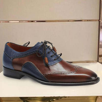 Men's brown and blue leather stitching casual leather shoes