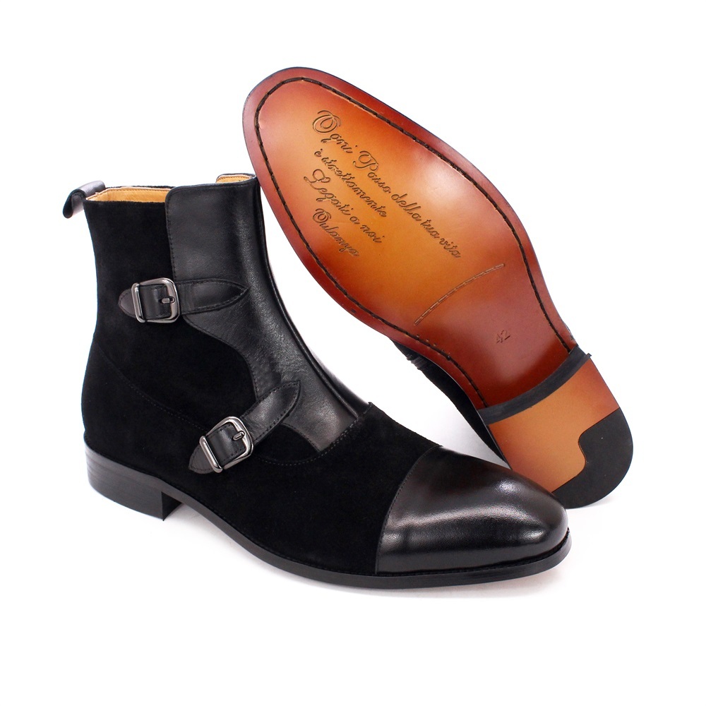 Men's Black Suede & Leather Double-Buckle Chelsea Boots - Sleek Formal Casual Ankle Boots